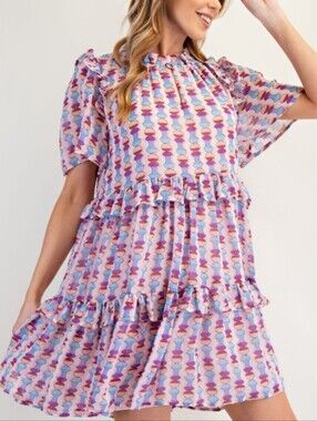 NWT Easel | Geometric Ruffle Tiered Woven Sheer Dress Purple Womens 1X & 2X
